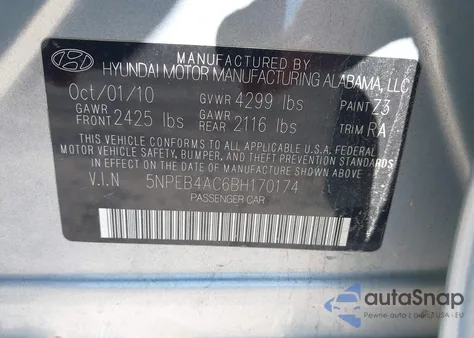 2011 Hyundai Sonata Gls z USA, uszkodzony, nr VIN 5NPEB4AC6BH170174